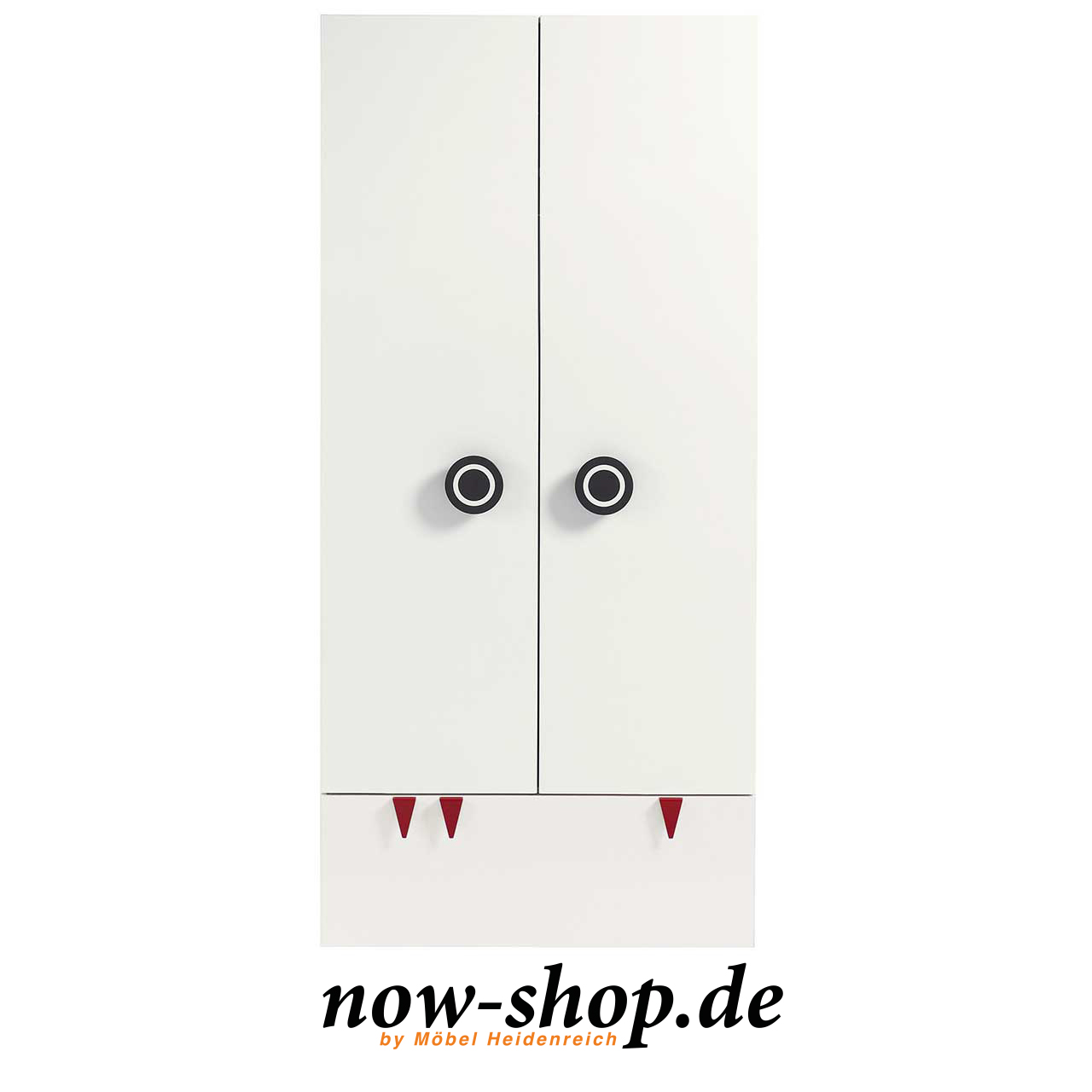 Weißer zweitüriger Kinderkleiderschrank. Unten eine Schublade. Frontal fotografiert.