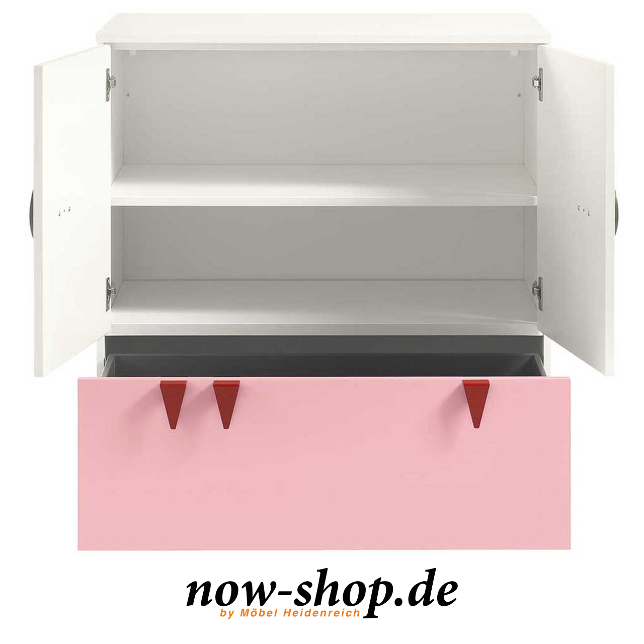 now! by hülsta - minimo Kommode Hellrosa 55904 geöffnet Die gleiche Kinderkommode mit geöffneten Türen und geöffneter Schublade.