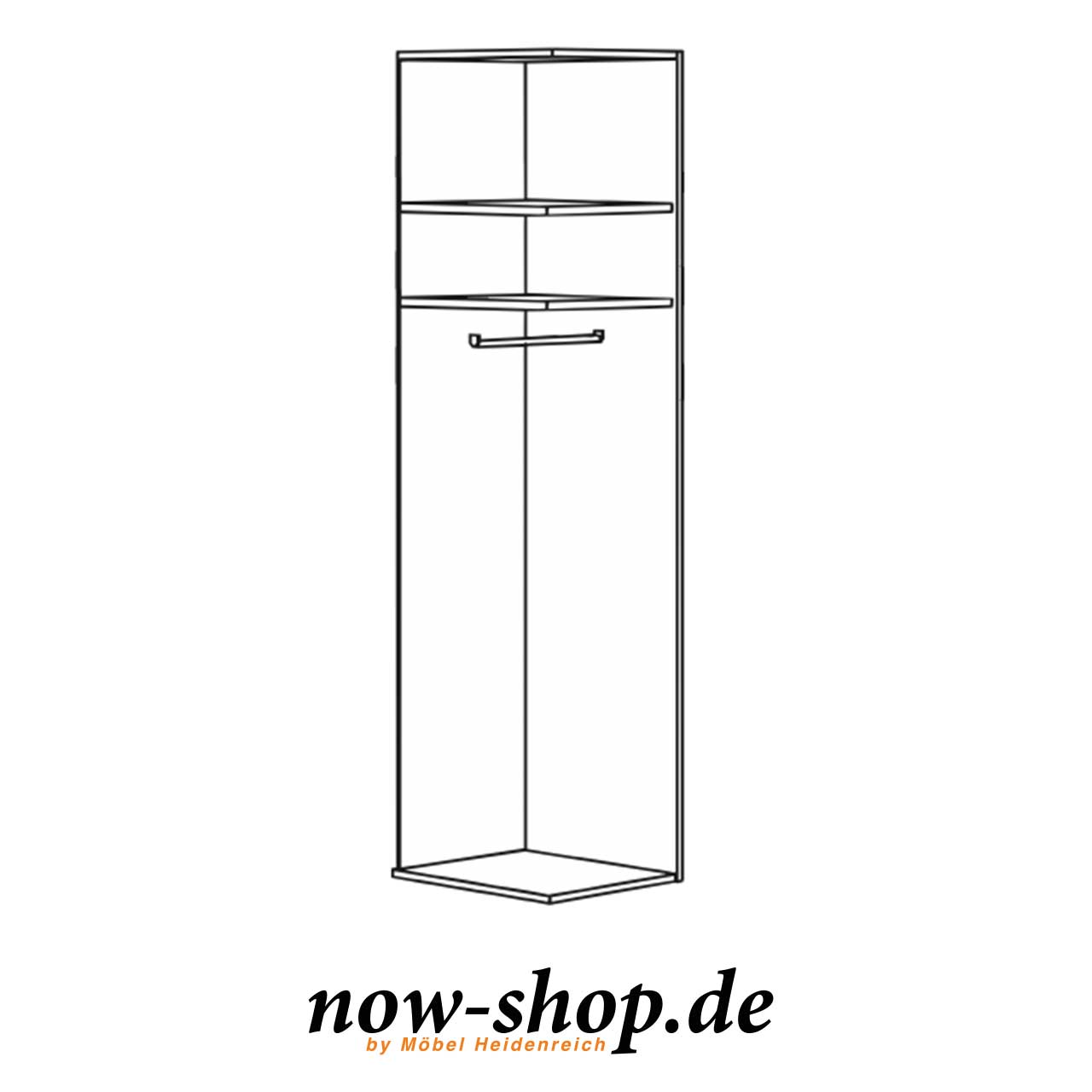 now! by hülsta – flexx Kleiderschrank Anbauelement 7512 Skizze des schmalen Anbauelementes. Kein Seitenteil links und keine Tür, zwei Einlegeböden und eine Kleiderstange.