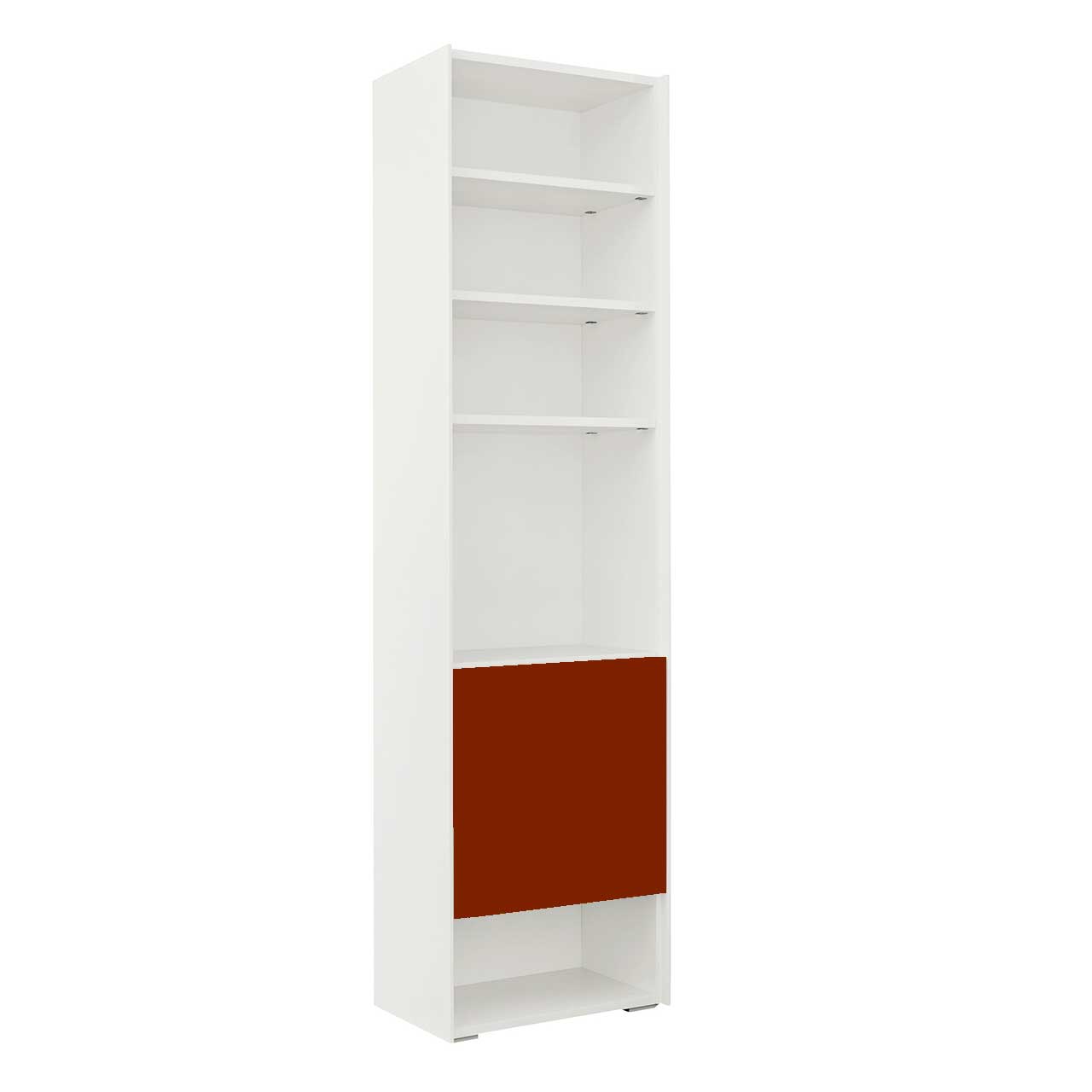 now! by hülsta - easy Regal 41208 terracotta Weißes easy Regal mit rötlicher quadratischer Tür im unteren Drittel. Darüber vier unterschiedlich große Fächer. Darunter ein schmales Fach.
