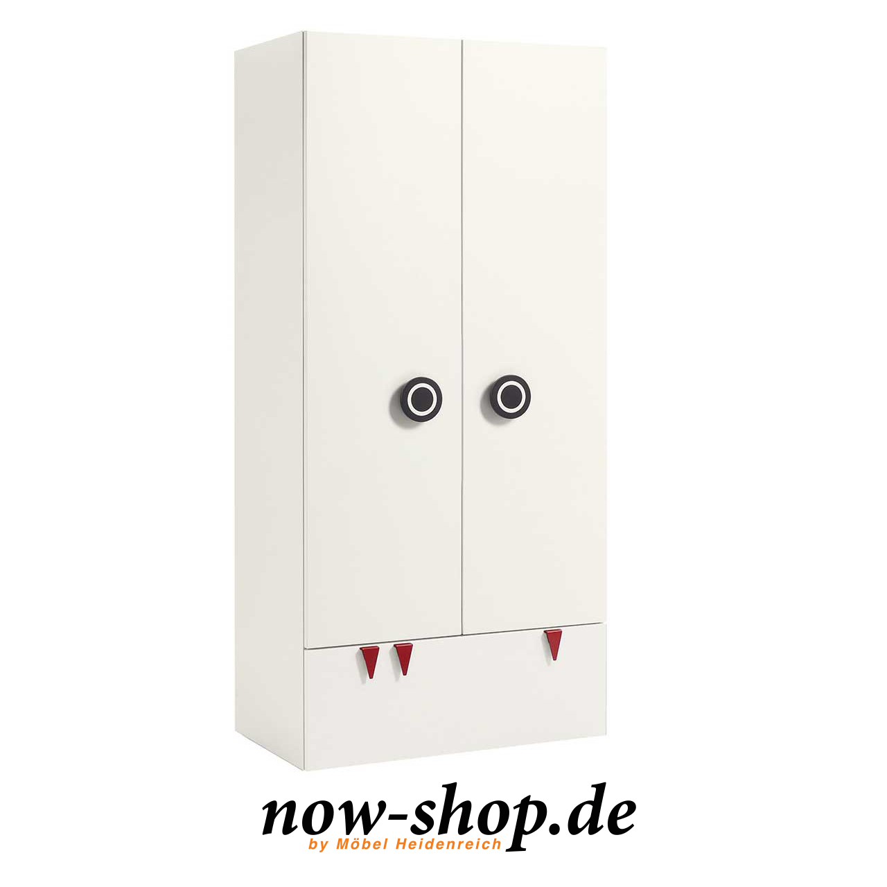 now! by hülsta – minimo Kleiderschrank Schneeweiß 51223 Weißer zweitüriger Kinderkleiderschrank. An den Türen sind runde schwarze Griffe. Unten eine Schublade mit drei roten Zähnchen als Griffe. Seitlich fotografiert.