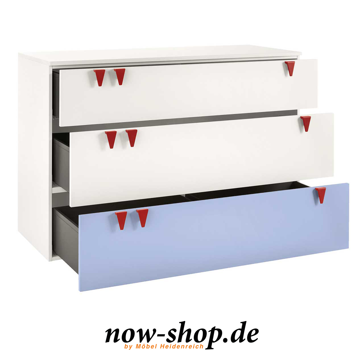 now! by hülsta - minimo Kommode Hellblau 55935 geöffnet Kinderkommode mit geöffneten Schubladen.