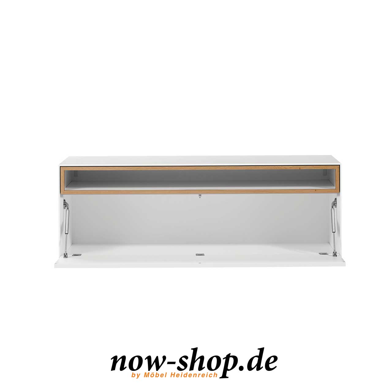 Weißer Baukasten mit Eiche-Akzent um das offene Fach oben. Darunter eine geöffnete Klappe.