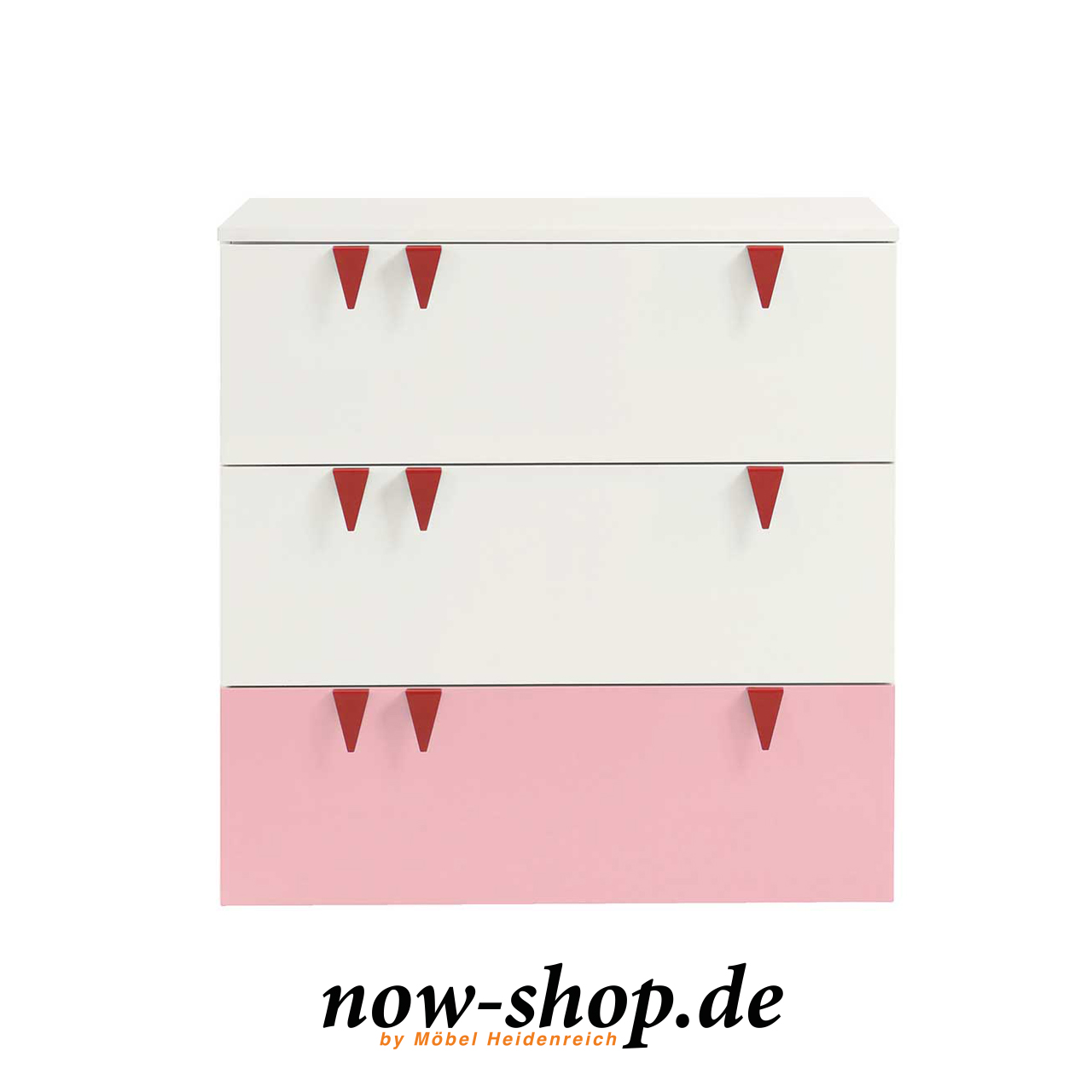 Weiße Kinderkommode mit drei Schubladen, unterste Schublade in rosa frontal fotografiert.