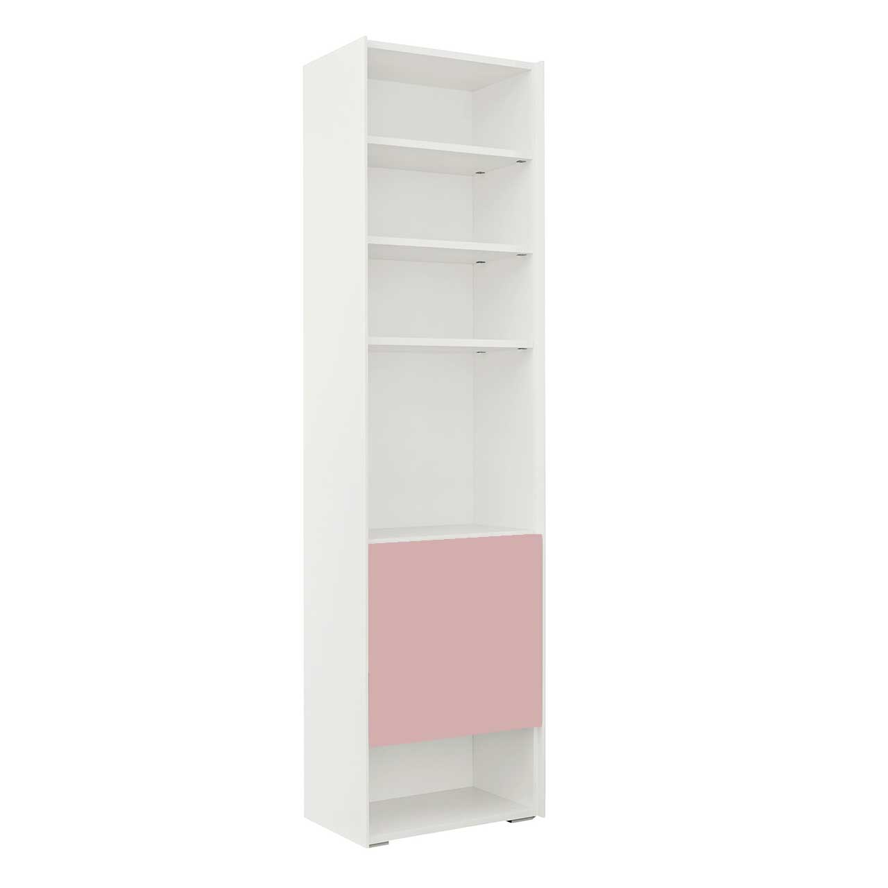 now! by hülsta - easy Regal 41206 Weißes Regal mit rosafarbener quadratischer Tür im unteren Drittel. Darüber vier unterschiedlich große Fächer. Darunter ein schmales Fach.