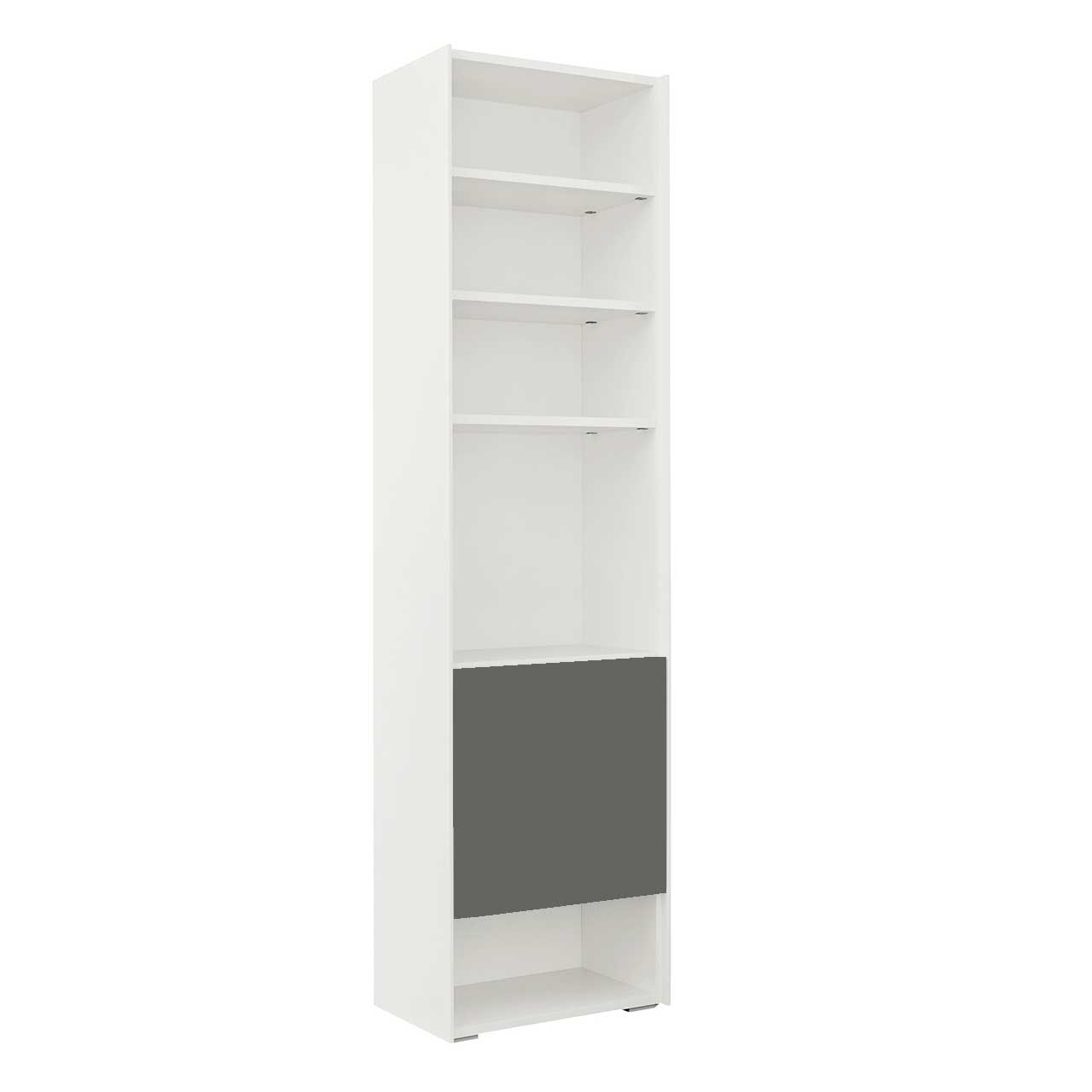now! by hülsta - easy Regal mit Tür 41204 Weißes easy Regal mit grauer quadratischer Tür im unteren Drittel. Darüber vier unterschiedlich große Fächer. Darunter ein schmales Fach.