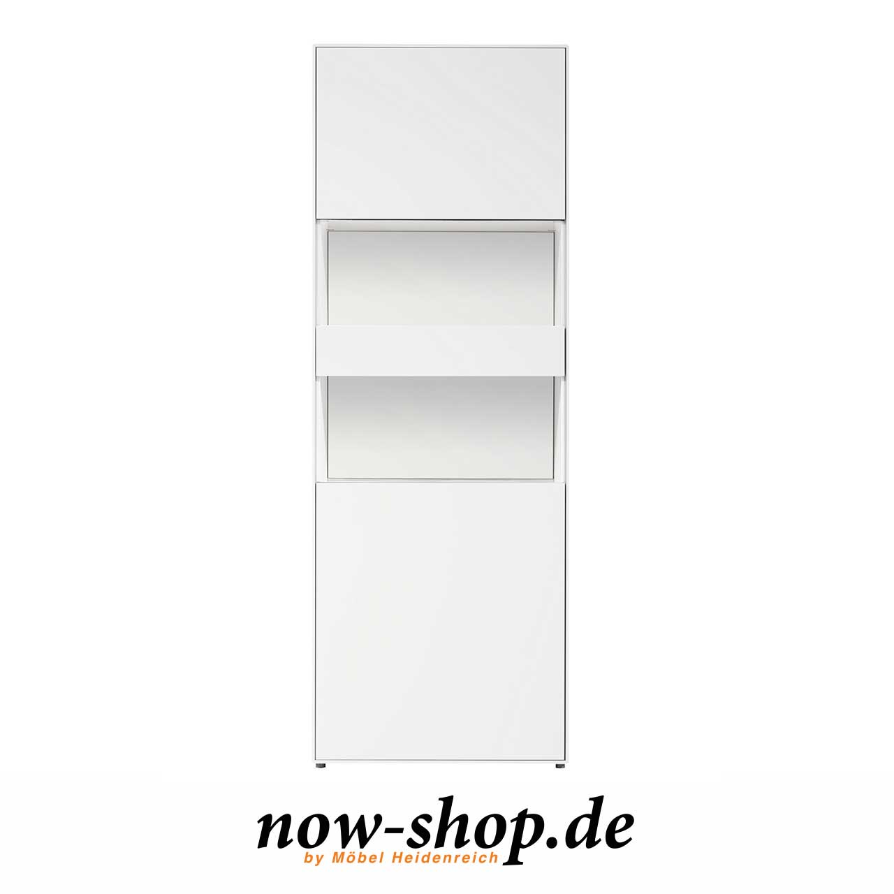 now easy Vitrine 41213 / 41223 Weiße Vitrine ohne Einsatz der Wenderückwand für Glasausschnitte. Rückwand ist also weiß, frontal fotografiert.