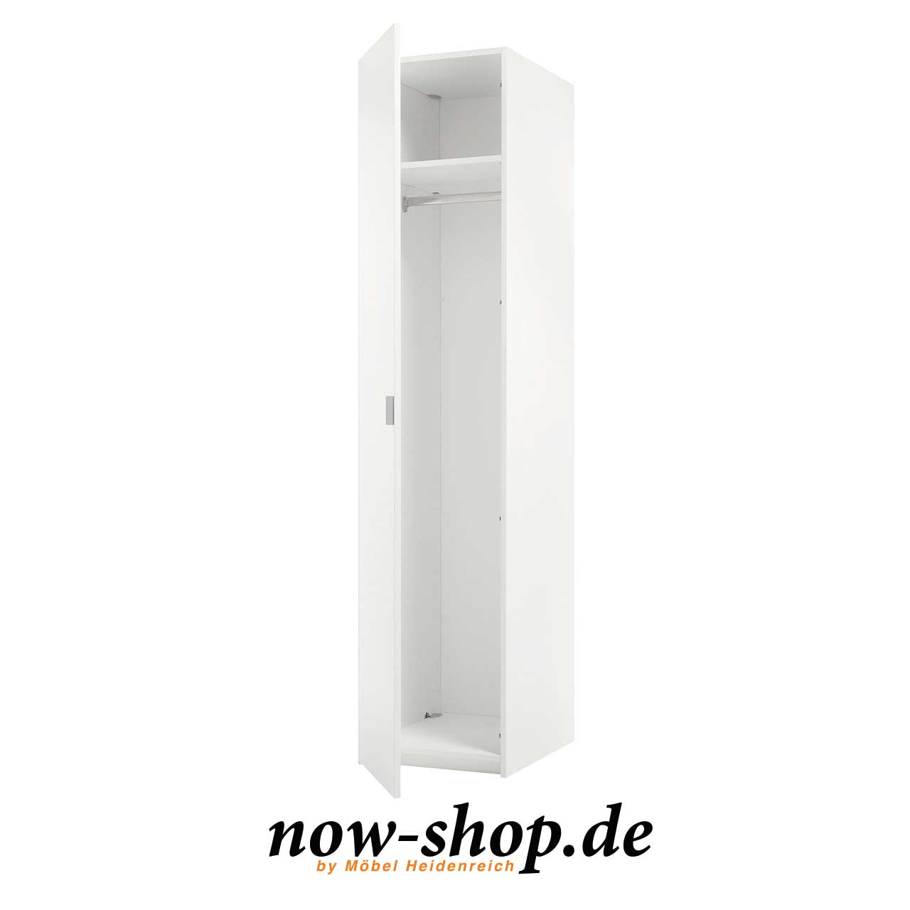 now! by hülsta – basic Grundelement 1-tuerig offen 365123 Schmaler weißer Kleiderschrank mit geöffneter Tür. Einlegeboden und Kleiderstange sind sichtbar.